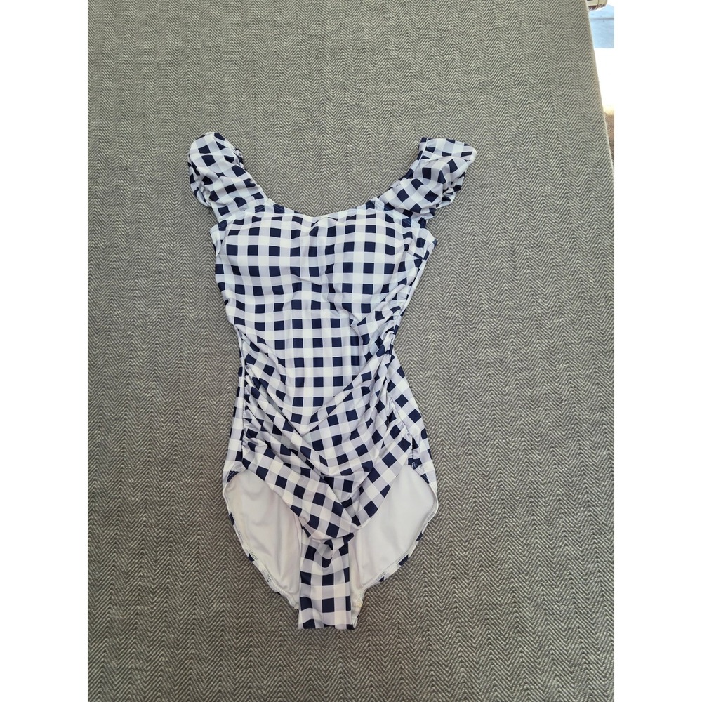 Janela Bay One Piece Swimsuit Women's Small White Blue Gingham Ruffle Ruched